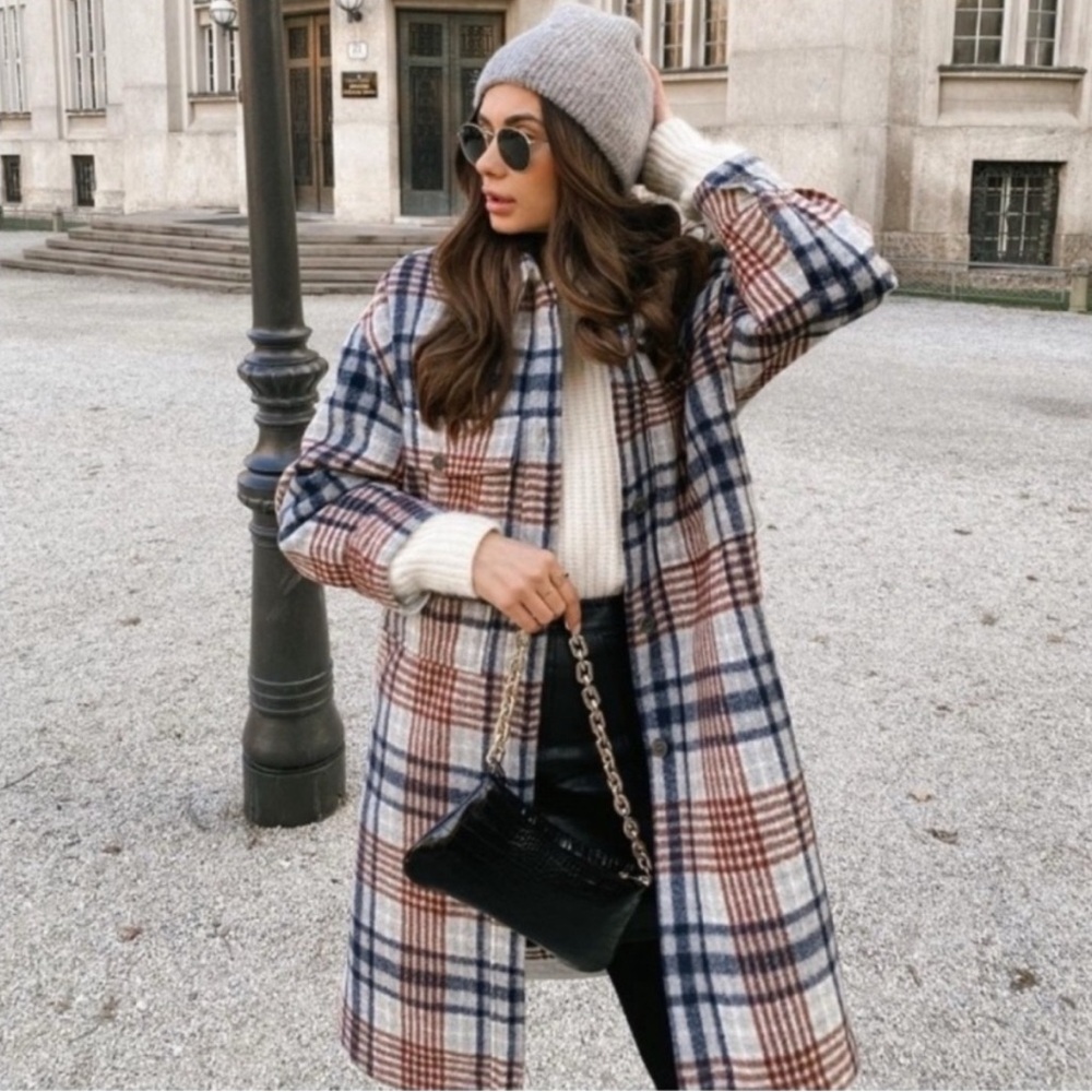 Zara Long Plaid Shacket Overshirt Jacket Coat Blogger Favorite Grey Red Navy S